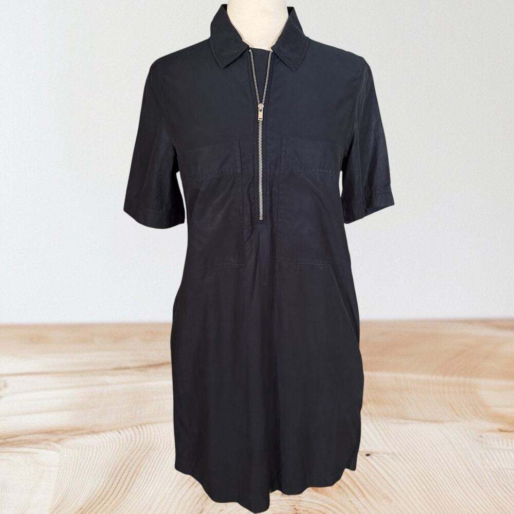 Cos Zip Up Shirt Dress Sz 2 Black 38B Cupro Cotton 1/2 Zip Shift Minimalist $128